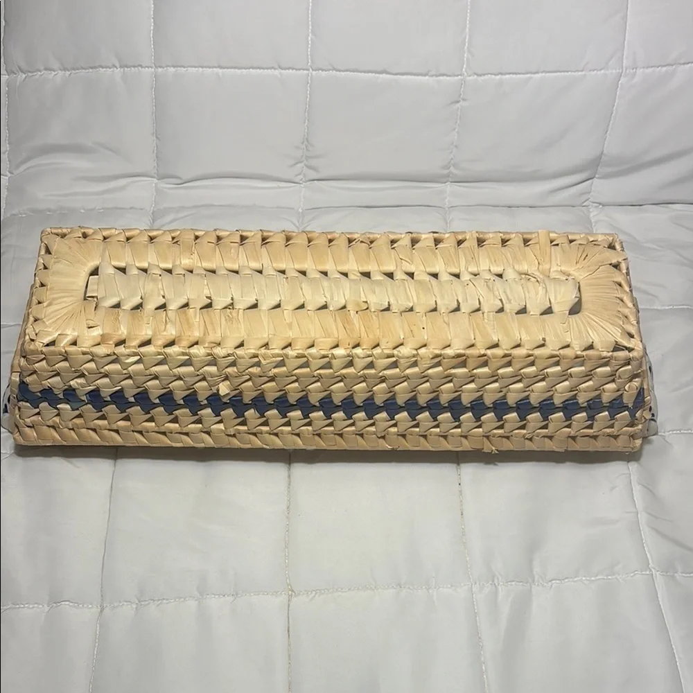 Woven Rectangular Basket with Ceramic Blue and White  Handles